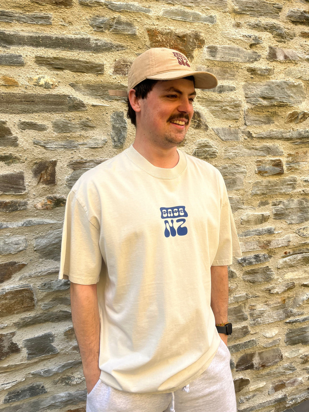 BaseNZ Mens Mountain Base Heavy Faded T-Shirt Faded Bone / Deja Vu Blue S