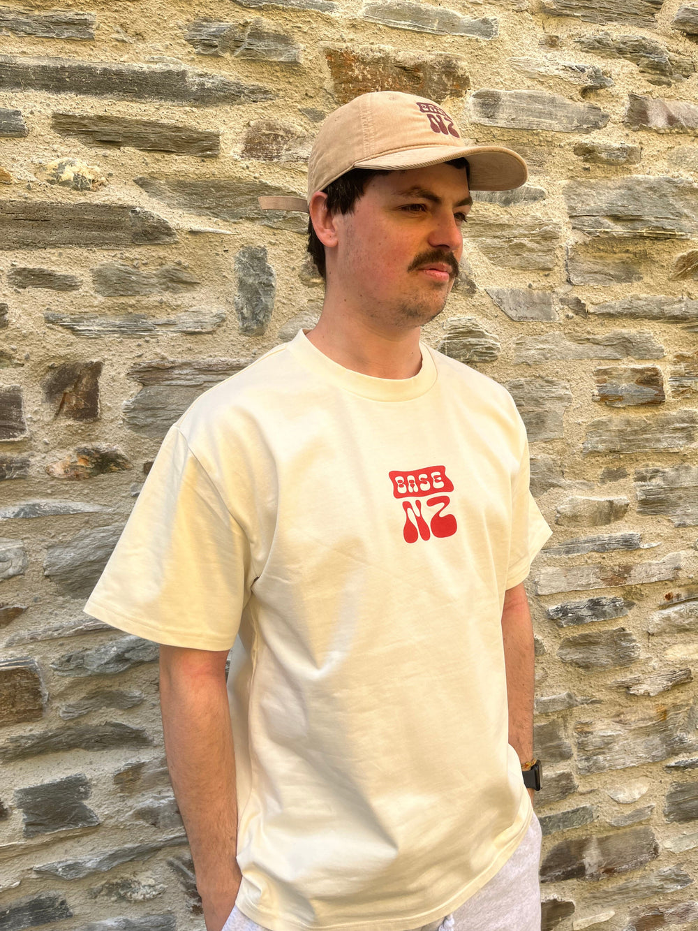 BaseNZ Mens Mountain Base Heavy T-Shirt Ecru / Red XS