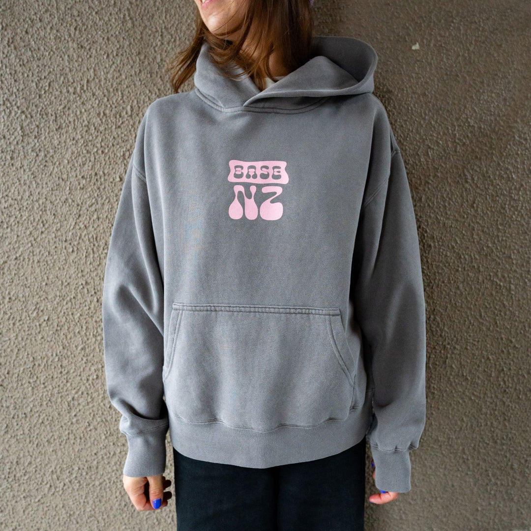 BaseNZ Womens Logo Relax Hoodie Faded Grey / Baby Pink XS