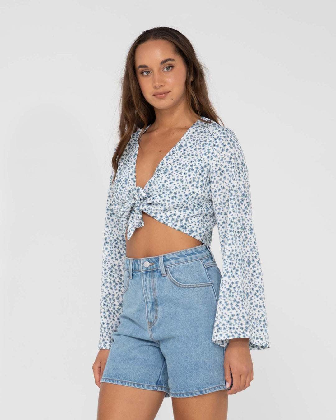 Rusty Balnear Floral Printed Tie Front Cropped Shirt