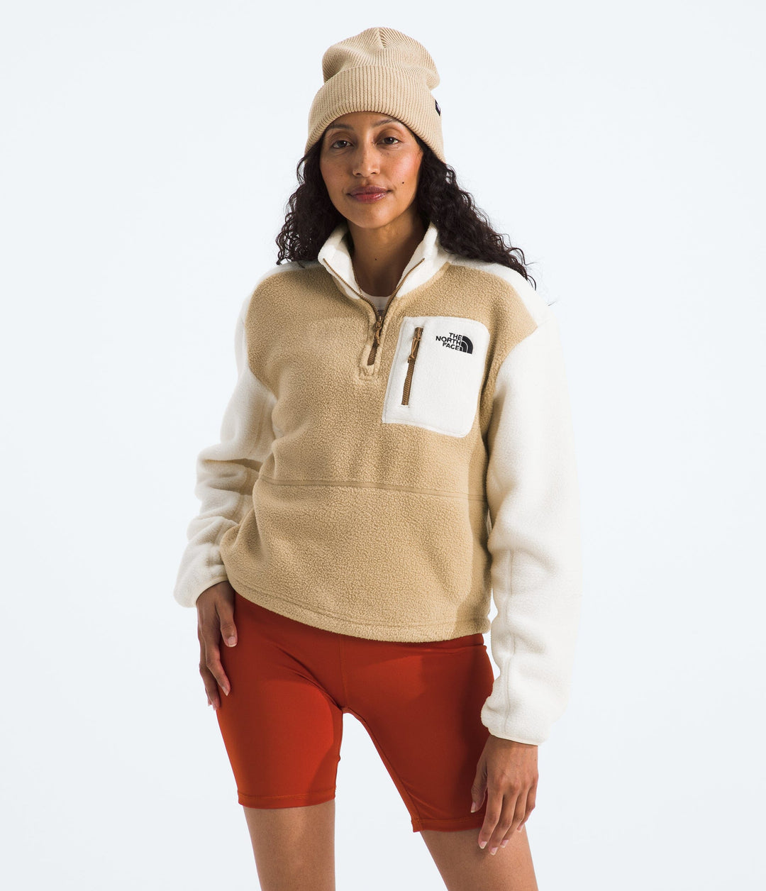 The North Face Womens Yumiori ¼ Zip Fleece Khaki Stone-White Dune-Utility Brown S