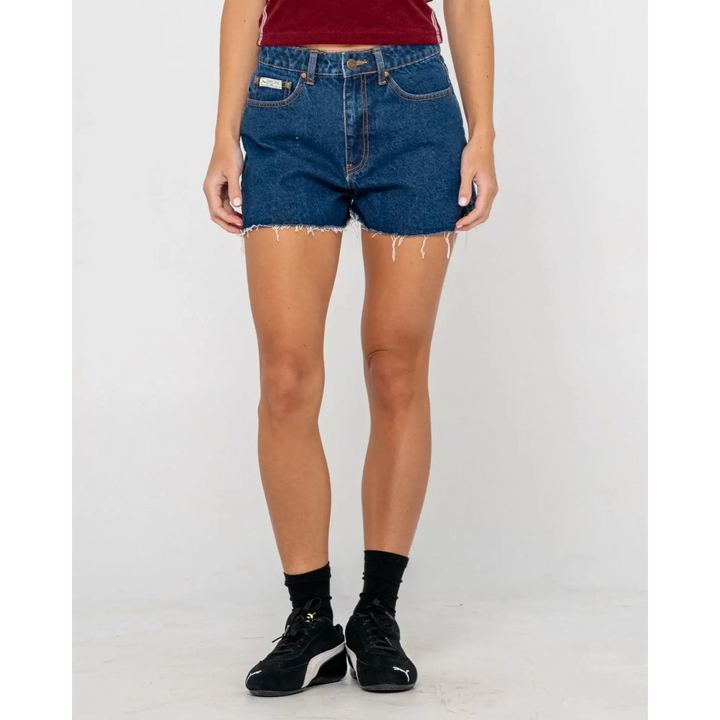 Rusty Penny Kick Flare Denim Shorts - Deep Sea Blue 