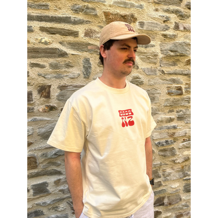 BaseNZ Mens Mountain Base Heavy T-Shirt Ecru / Red XS 