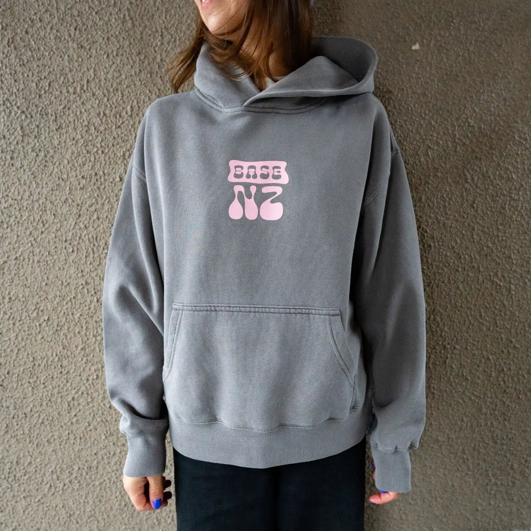 BaseNZ Womens Logo Relax Hoodie Faded Grey / Baby Pink XS 