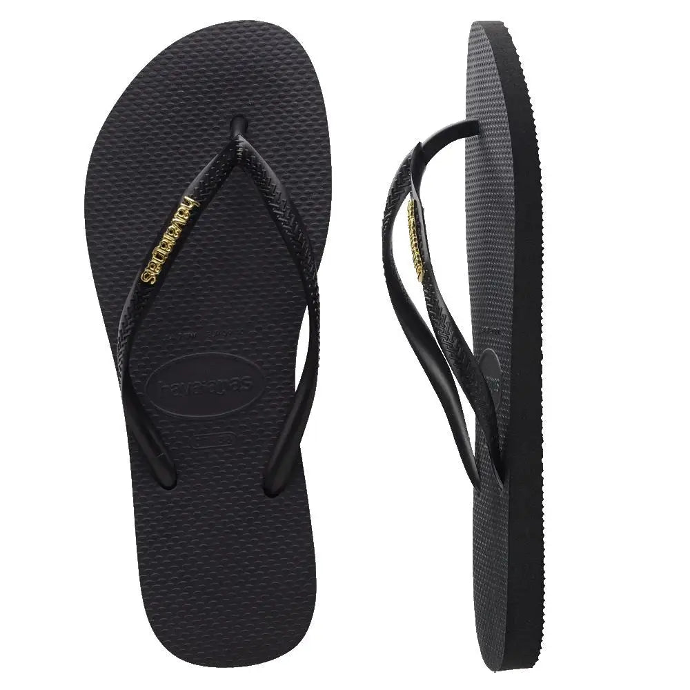 Havaianas Slim Logo Metallic Jandals Black / Gold 35/36 Brazil 