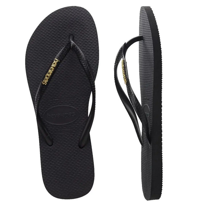 Havaianas Slim Logo Metallic Jandals Black / Gold 35/36 Brazil 