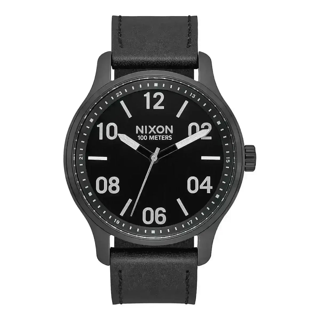 NIXON PATROL LEATHER WATCH Black Silver Black 