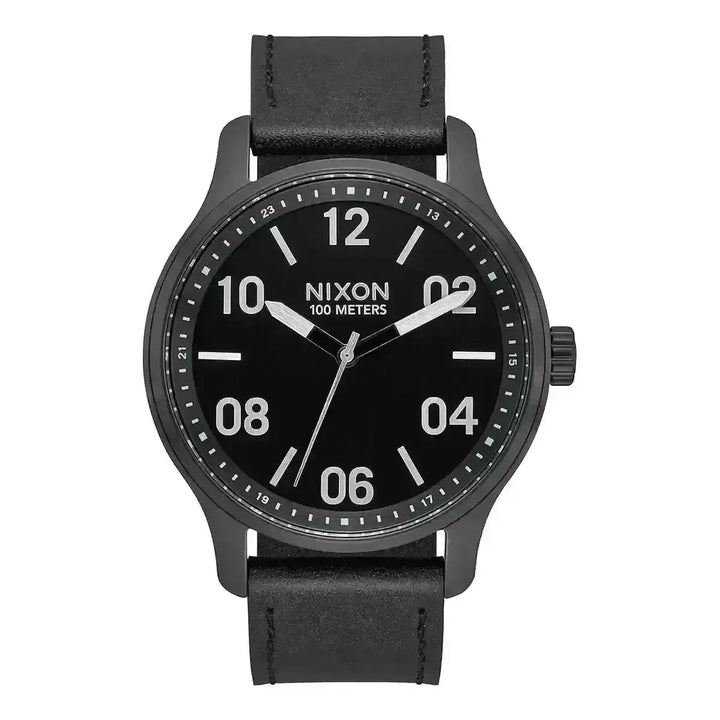 NIXON PATROL LEATHER WATCH Black Silver Black 