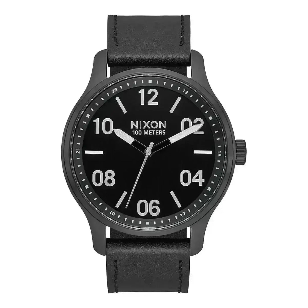 NIXON PATROL LEATHER WATCH Black Silver Black 
