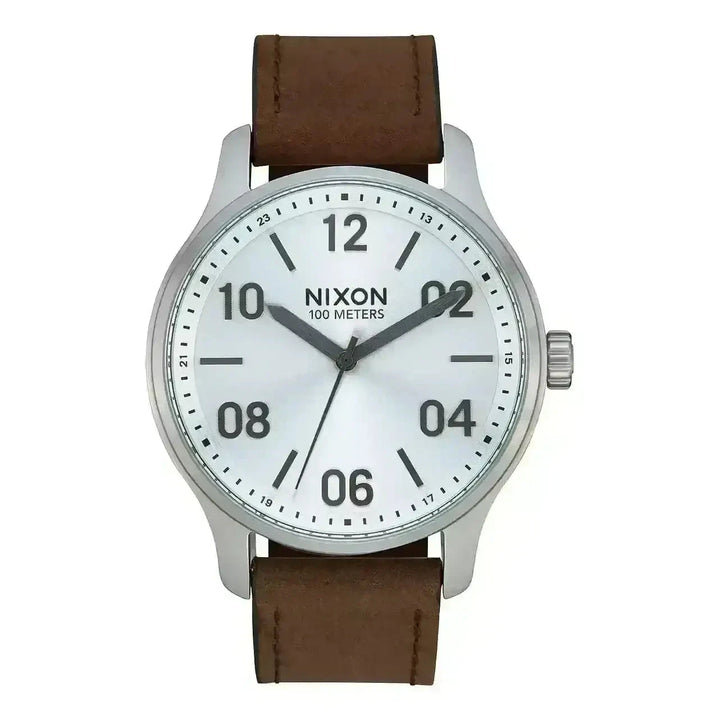 NIXON PATROL LEATHER WATCH SlvBrwn 