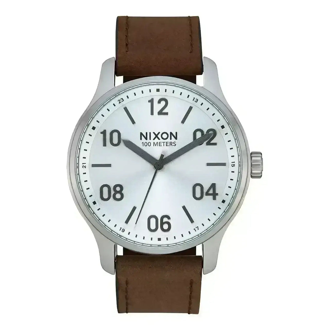 NIXON PATROL LEATHER WATCH SlvBrwn 