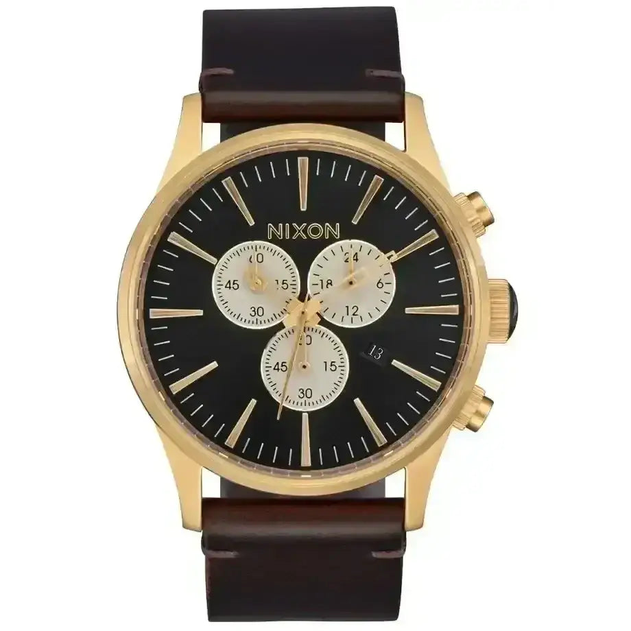 Nixon Sentry Chrono Leather Watch Gold/ Indigo/ Brown 
