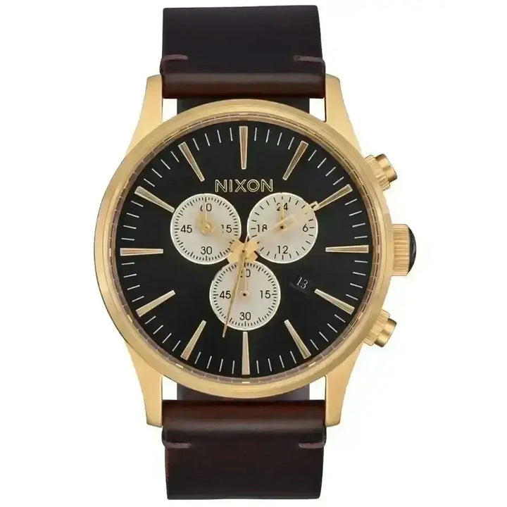 Nixon Sentry Chrono Leather Watch Gold/ Indigo/ Brown 