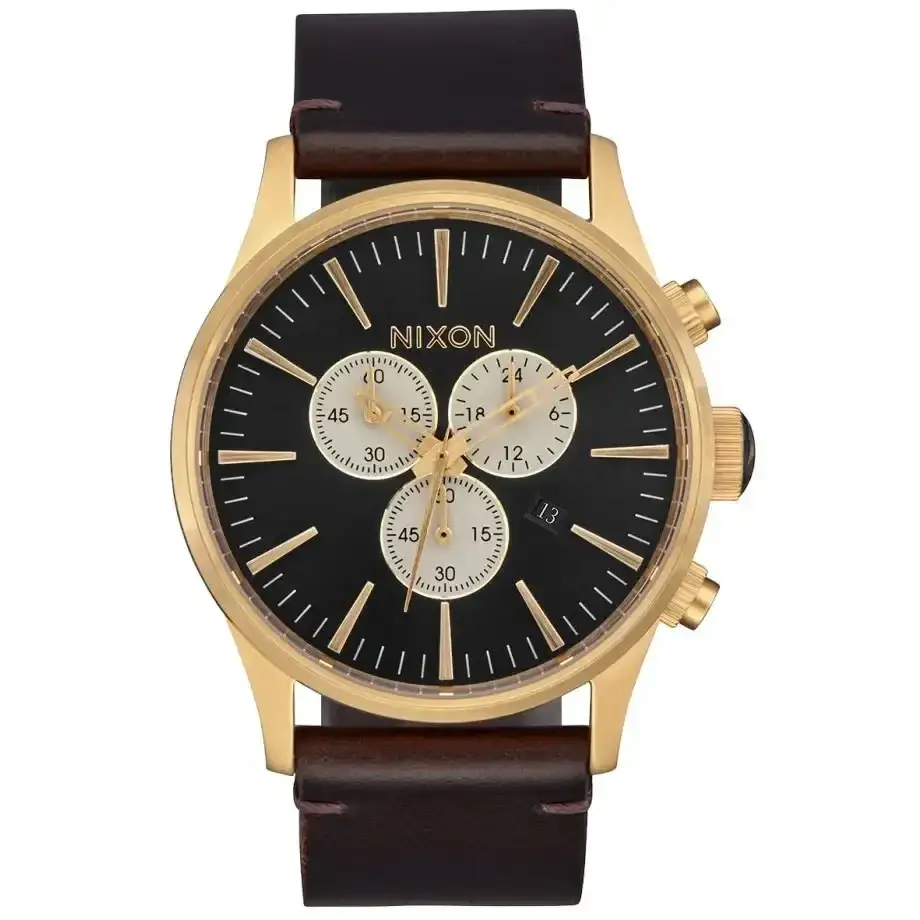 Nixon Sentry Chrono Leather Watch Gold/ Indigo/ Brown 