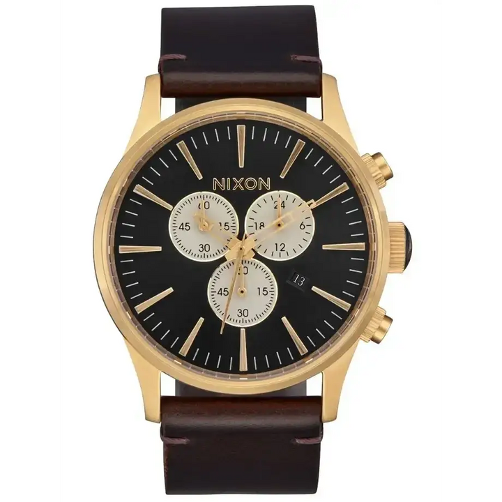 Nixon Sentry Chrono Leather Watch Gold/ Indigo/ Brown 