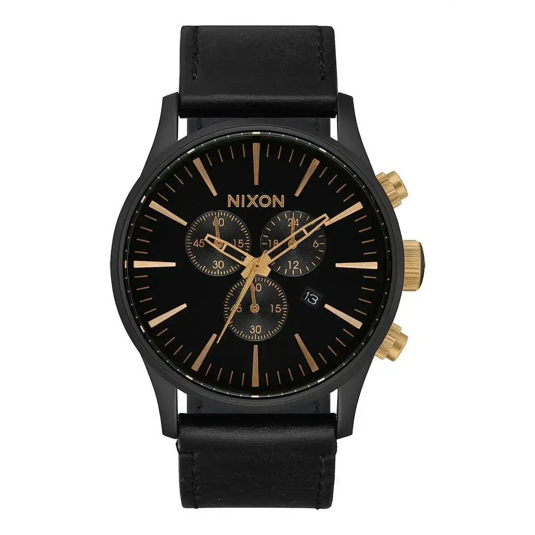 NIXON SENTRY CHRONO LEATHER WATCH Matte Black / Gold / Black 