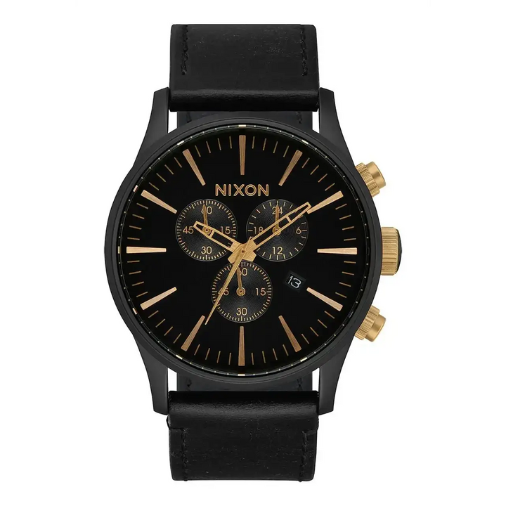 NIXON SENTRY CHRONO LEATHER WATCH Matte Black / Gold / Black 