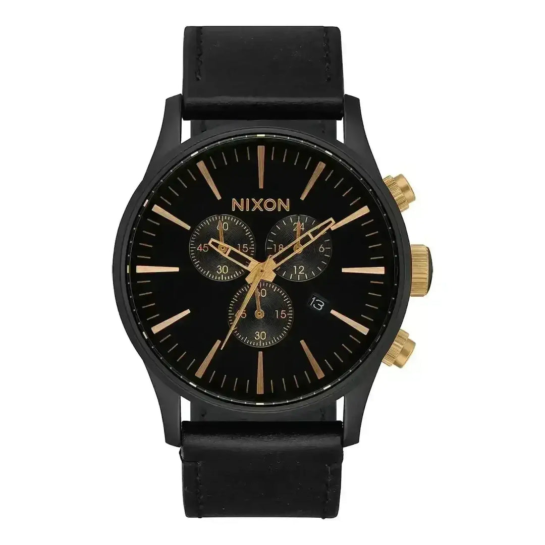 NIXON SENTRY CHRONO LEATHER WATCH Matte Black / Gold / Black 