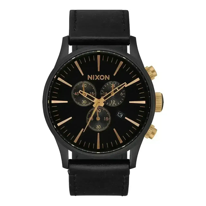NIXON SENTRY CHRONO LEATHER WATCH Matte Black / Gold / Black 