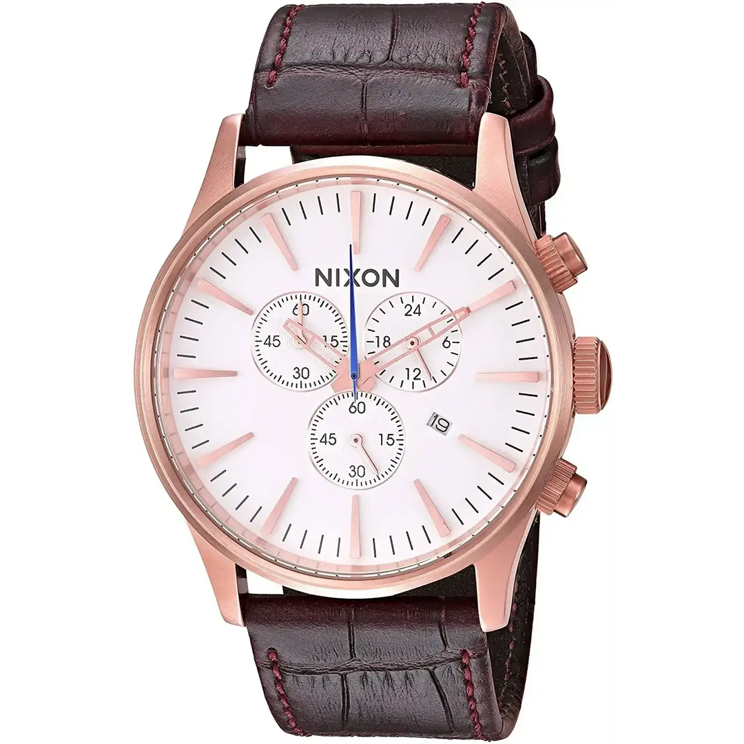 NIXON SENTRY CHRONO LEATHER WATCH RseGldBrnGat 