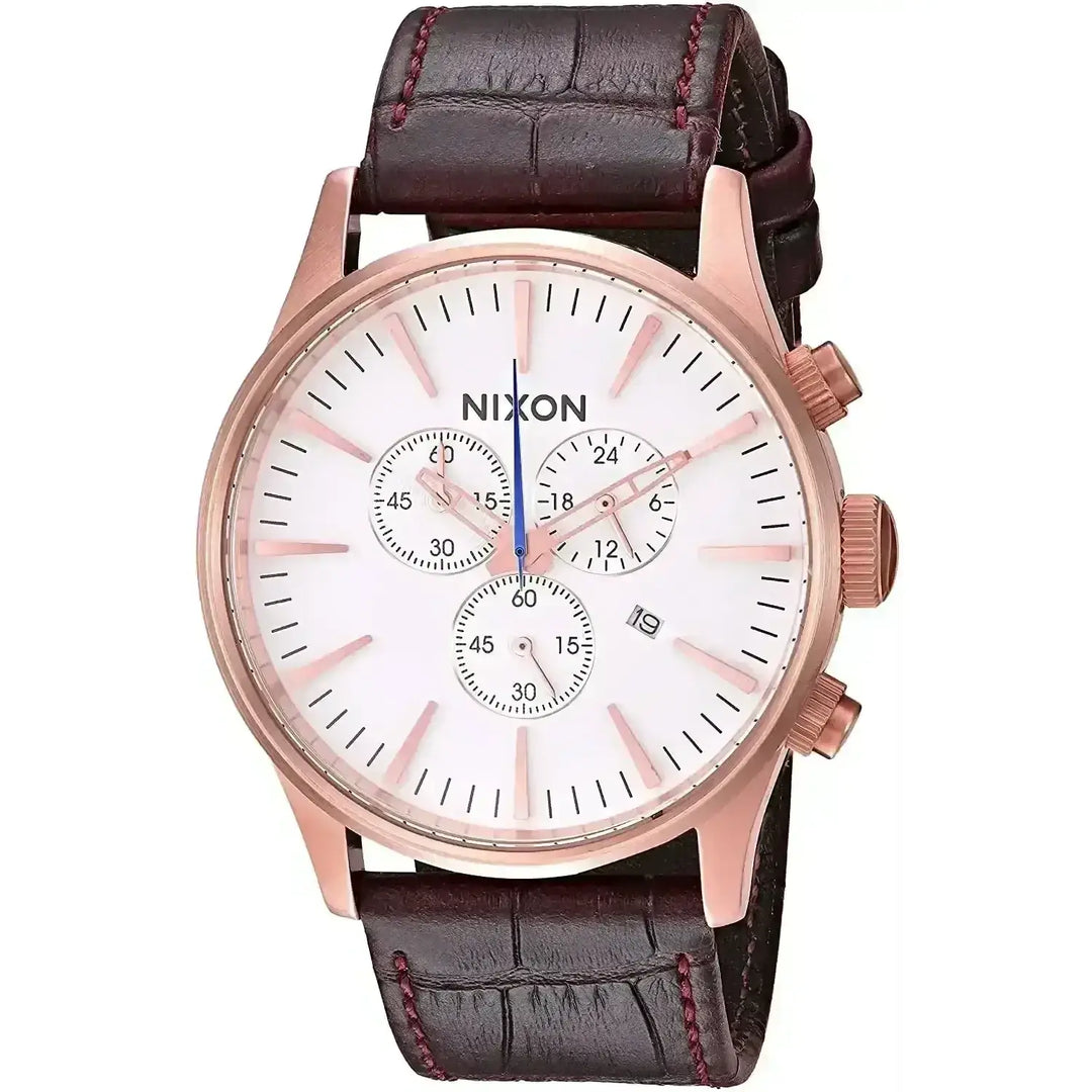 NIXON SENTRY CHRONO LEATHER WATCH RseGldBrnGat 