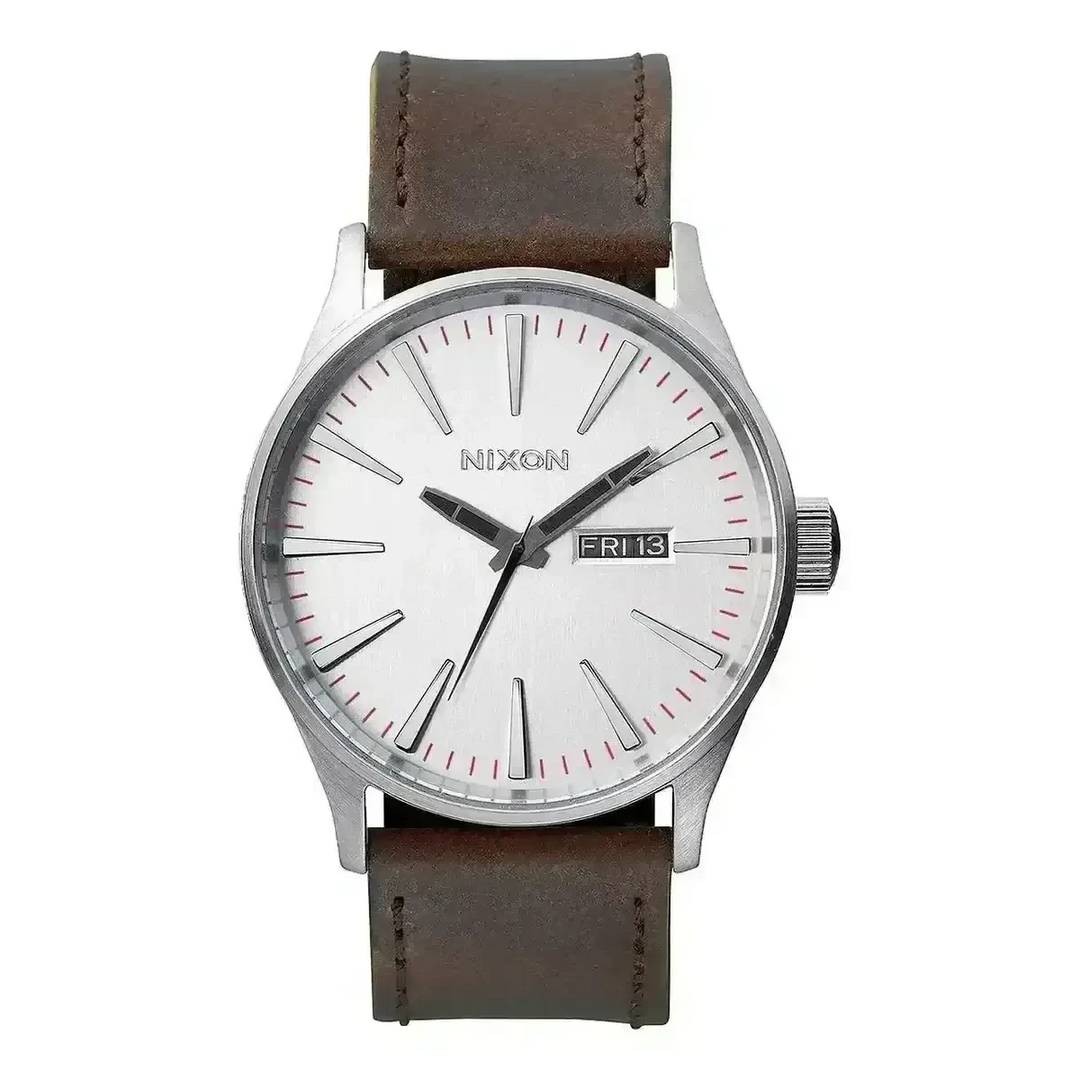 NIXON SENTRY LEATHER WATCH Silver / Brown 