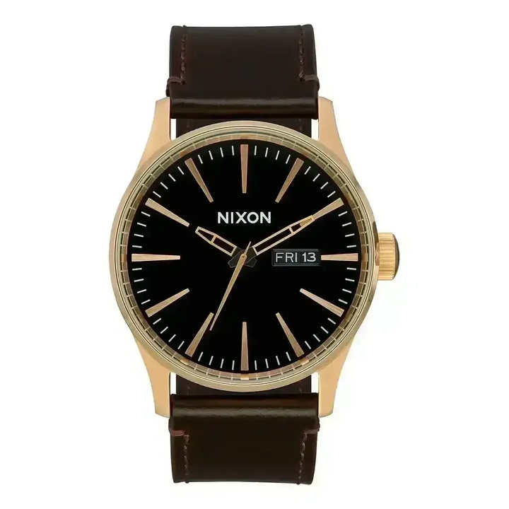 NIXON SENTRY LEATHER WATCH Gold / Black / Brown 