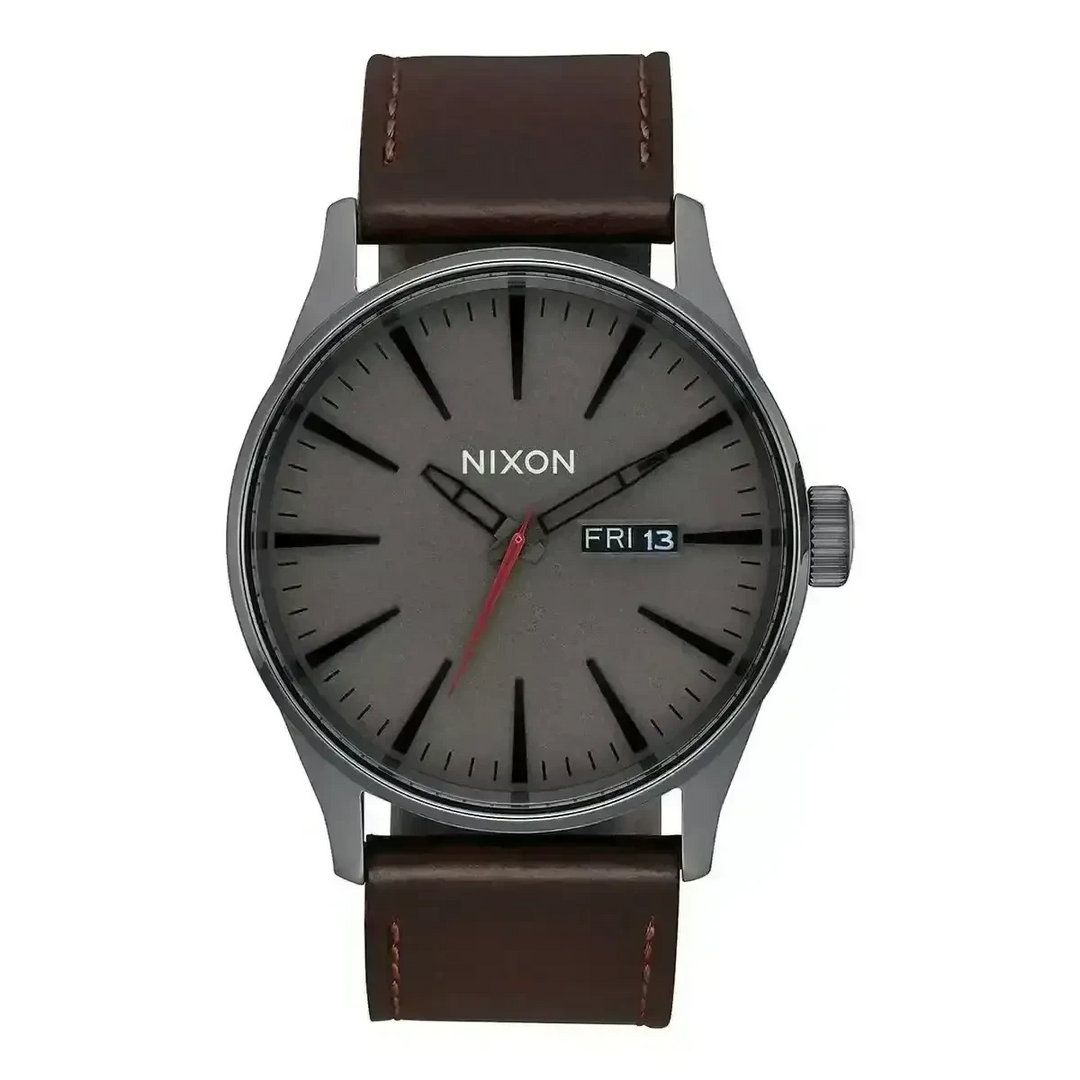 NIXON SENTRY LEATHER WATCH Gunmetal / Black / Dark Brown 