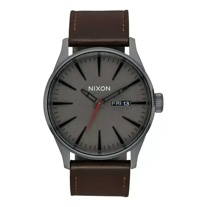 NIXON SENTRY LEATHER WATCH Gunmetal / Black / Dark Brown 