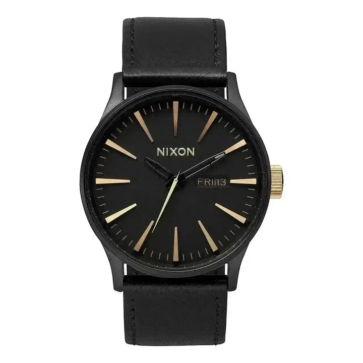 NIXON SENTRY LEATHER WATCH Matte Black / Gold 