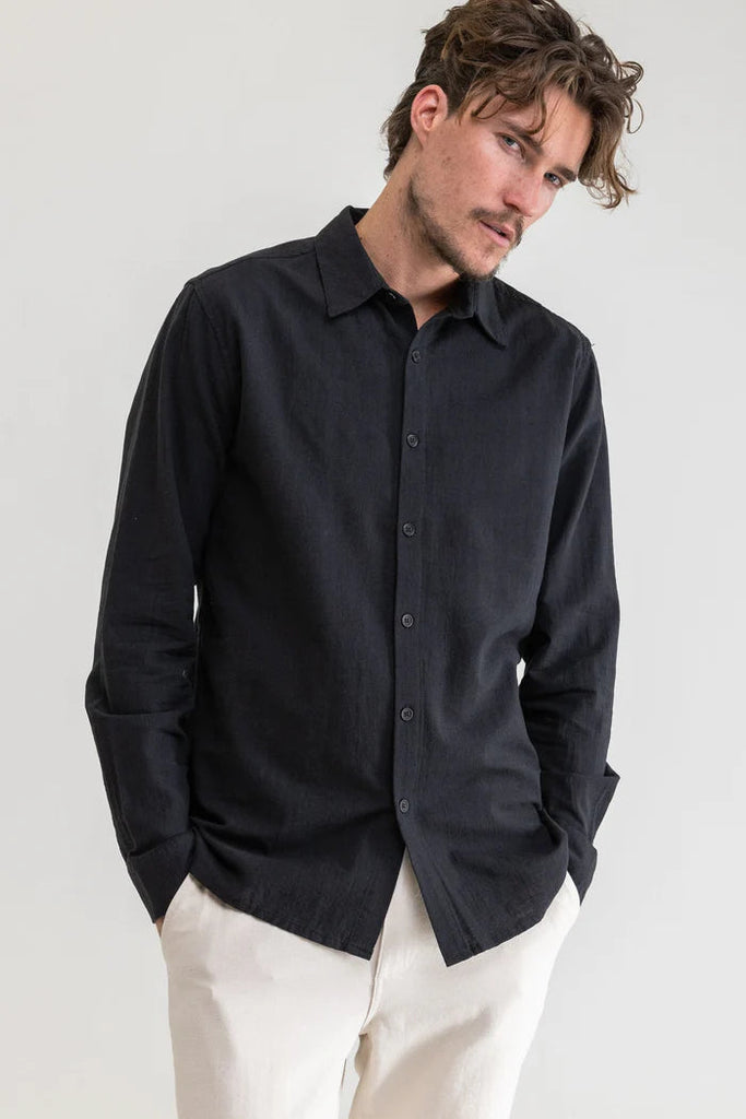 Rhythm Classic Linen Long Sleeve Shirt Vintage Black S 