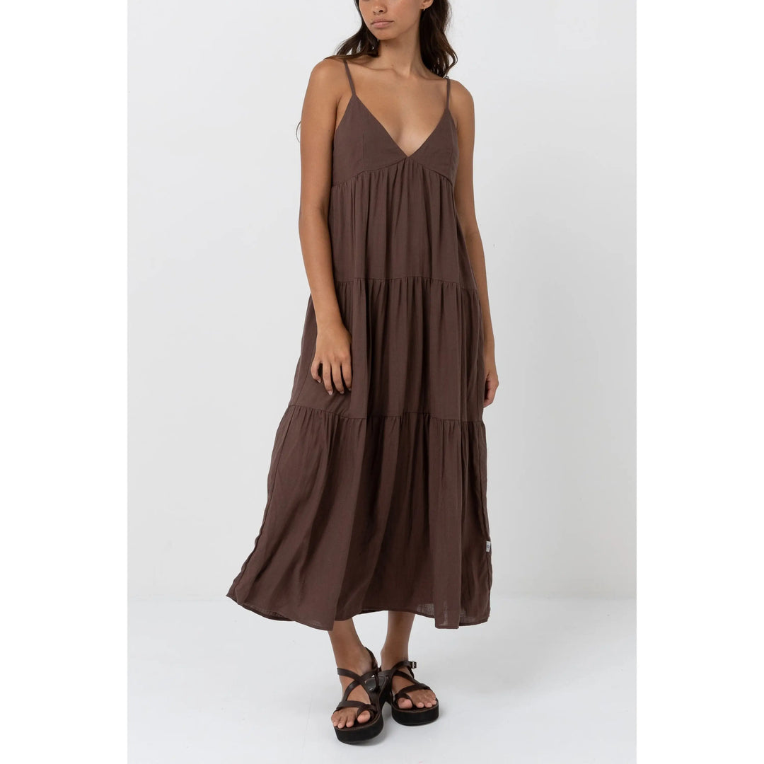 Rhythm Classic Tiered Midi Dress Chocolate 8 