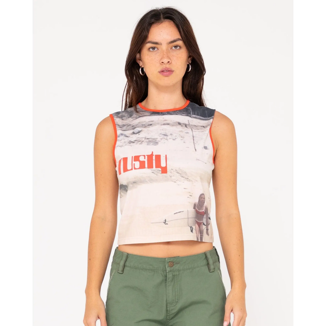 Rusty All Ova Slim Fit Sleeveless Skimmer Tank 