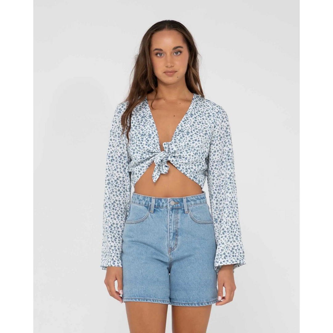 Rusty Balnear Floral Printed Tie Front Cropped Shirt 