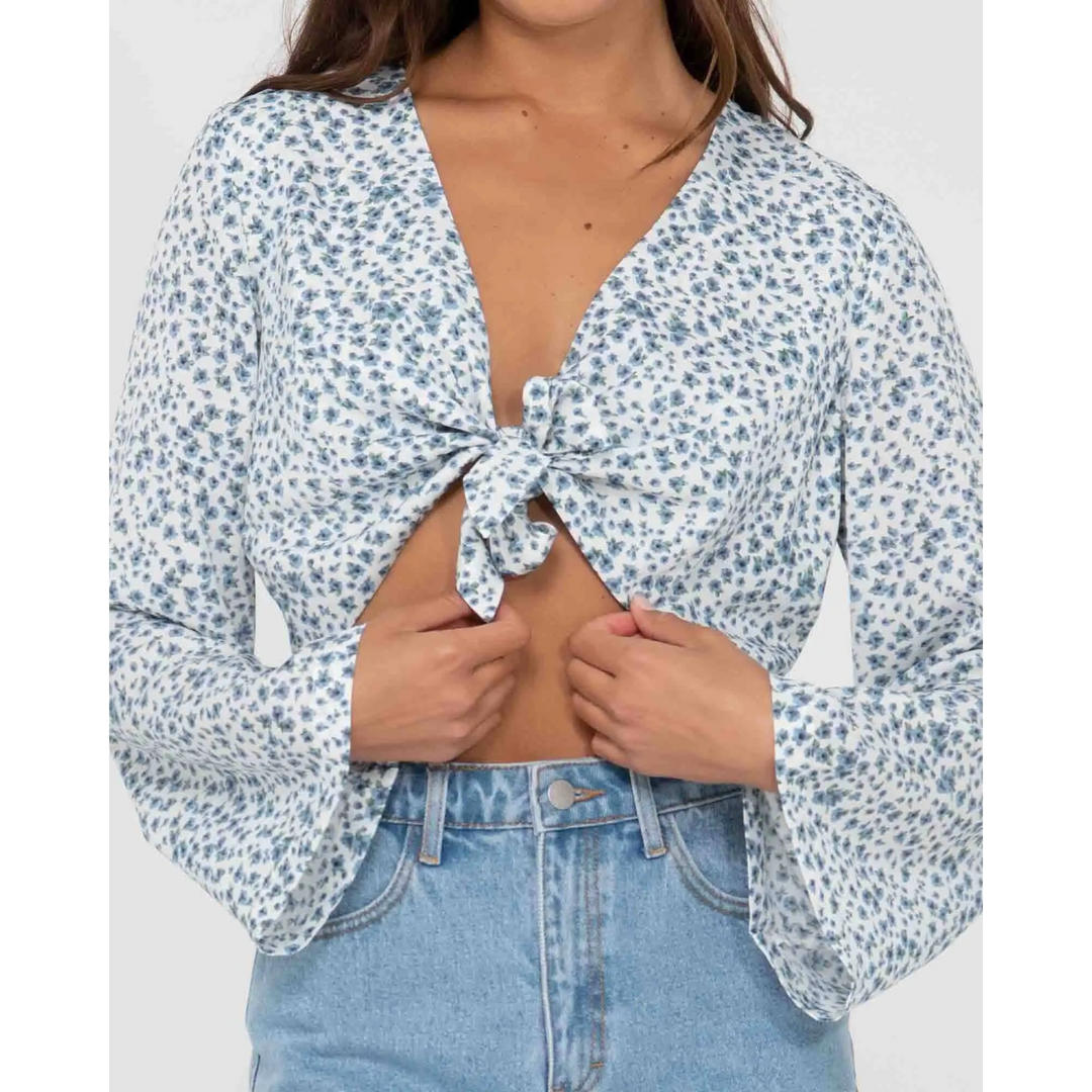 Rusty Balnear Floral Printed Tie Front Cropped Shirt 