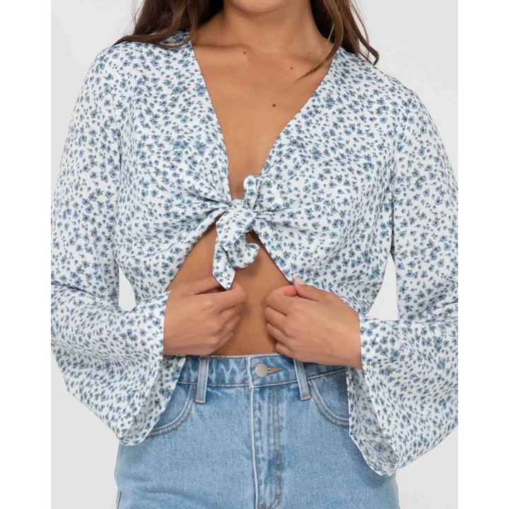 Rusty Balnear Floral Printed Tie Front Cropped Shirt 