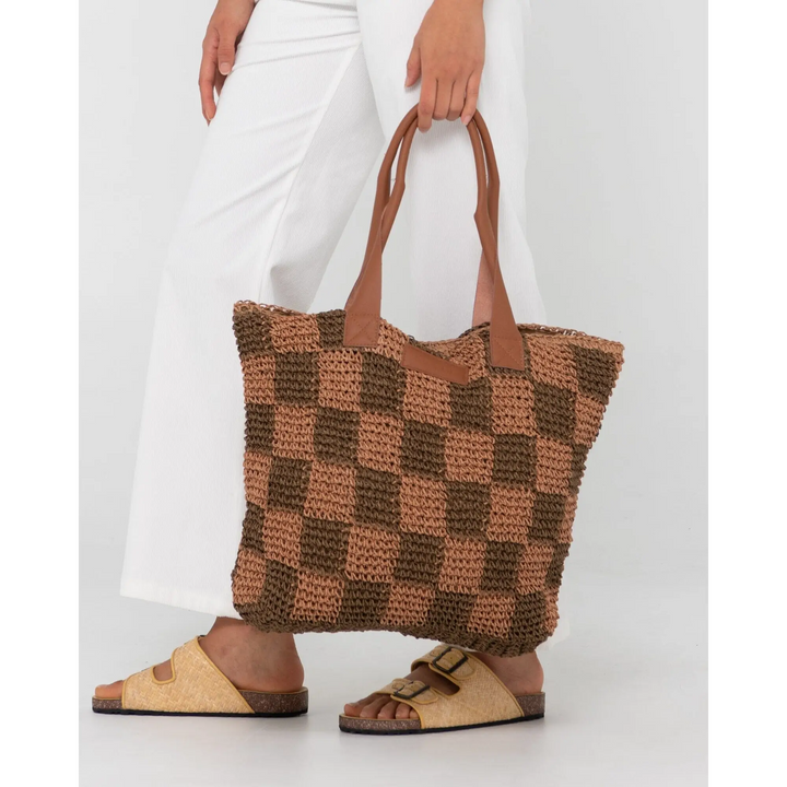 Rusty Checkmate Straw Beach Bag 