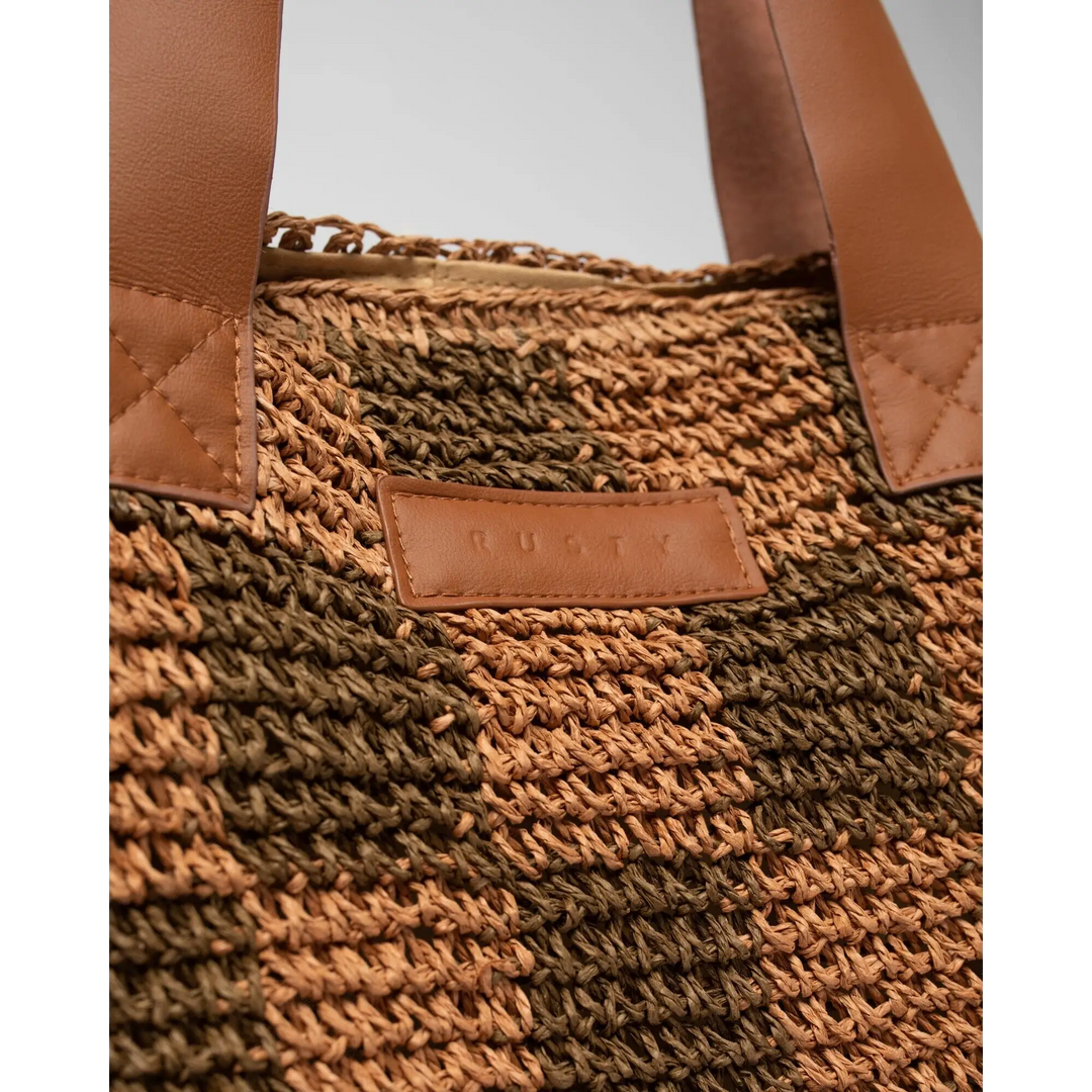 Rusty Checkmate Straw Beach Bag 