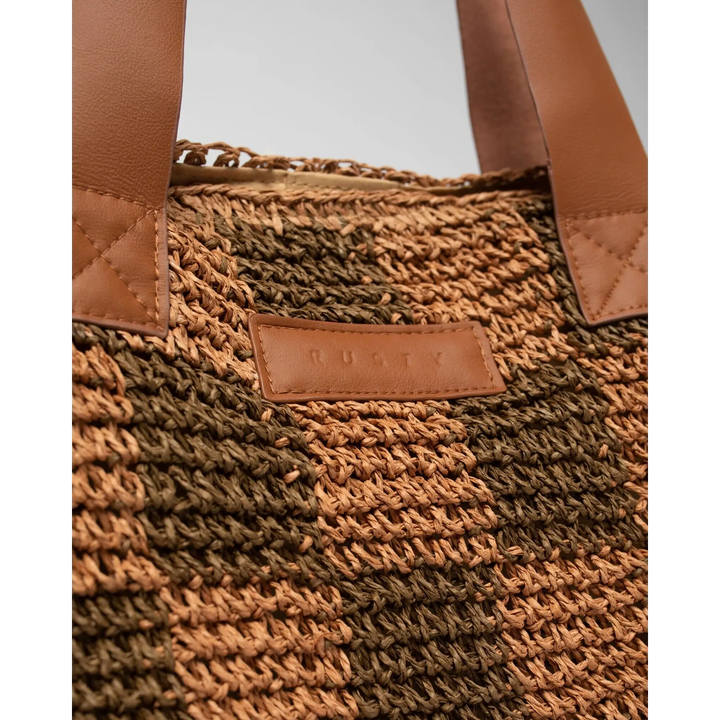 Rusty Checkmate Straw Beach Bag 