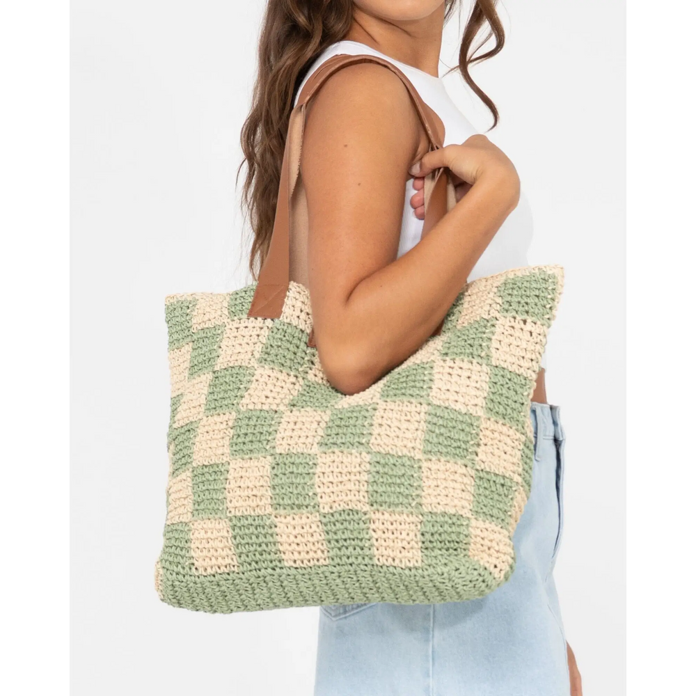 Rusty Checkmate Straw Beach Bag 