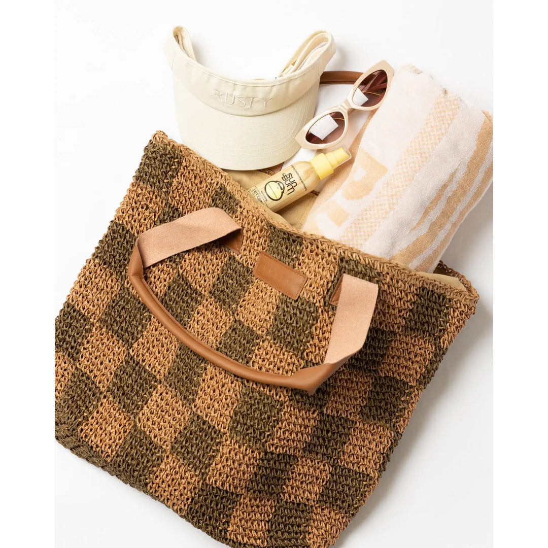Rusty Checkmate Straw Beach Bag 