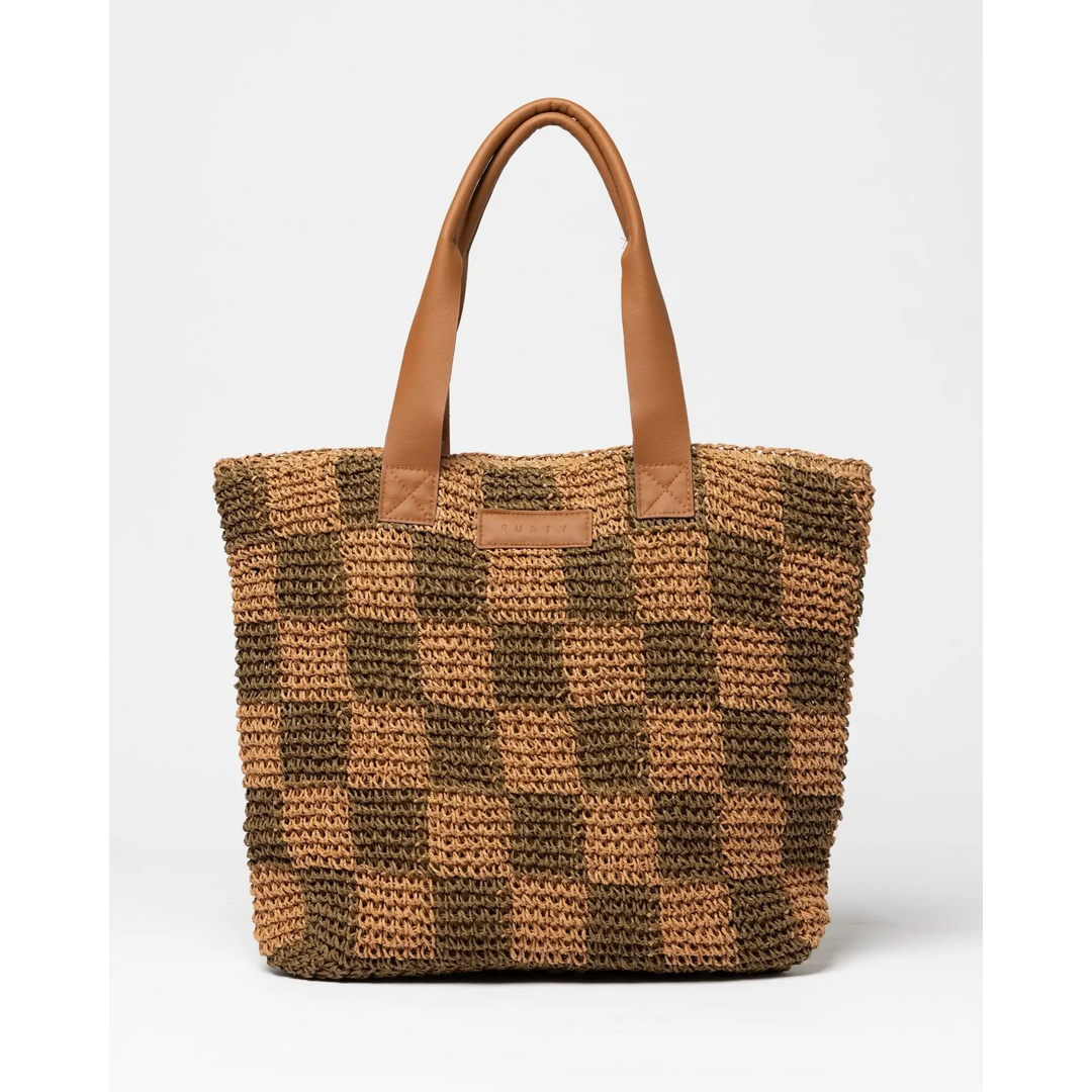 Rusty Checkmate Straw Beach Bag Natural / Caramel 