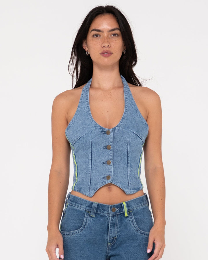 Rusty Flip Mommy Halter Neck Denim Vest 
