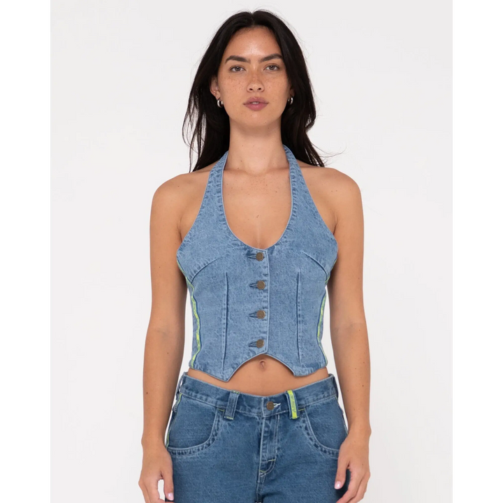 Rusty Flip Mommy Halter Neck Denim Vest 