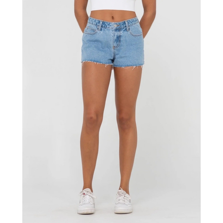 Rusty Malta Low Rise Frayed Denim Shorts 