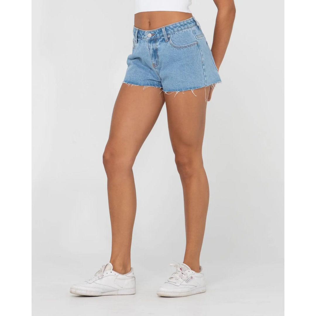 Rusty Malta Low Rise Frayed Denim Shorts 