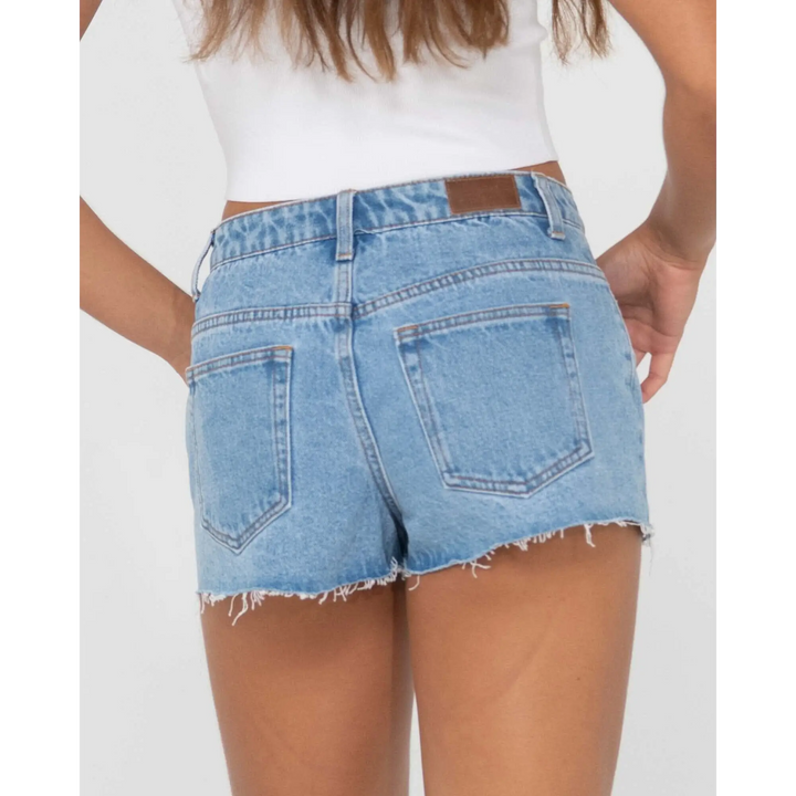 Rusty Malta Low Rise Frayed Denim Shorts 
