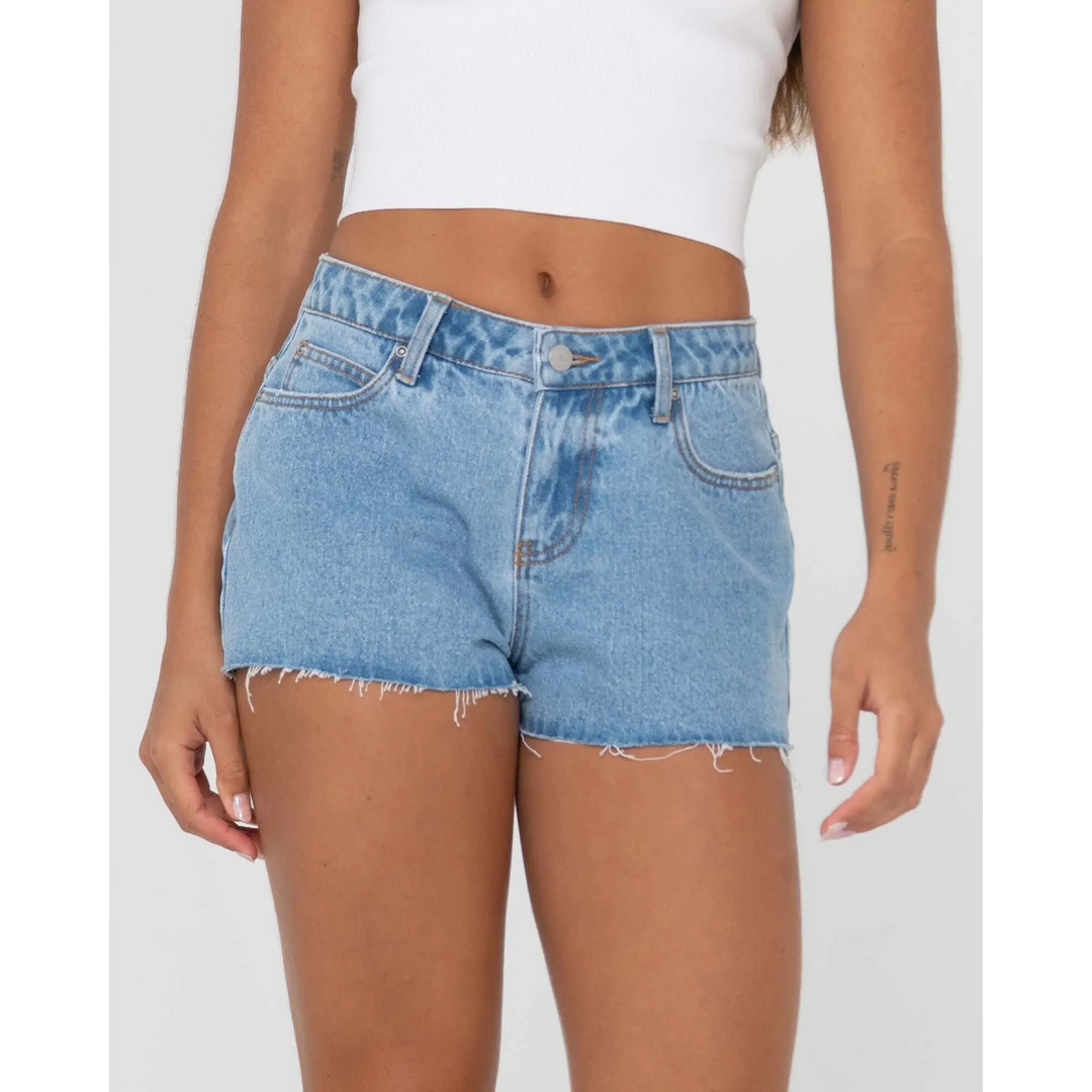 Rusty Malta Low Rise Frayed Denim Shorts 