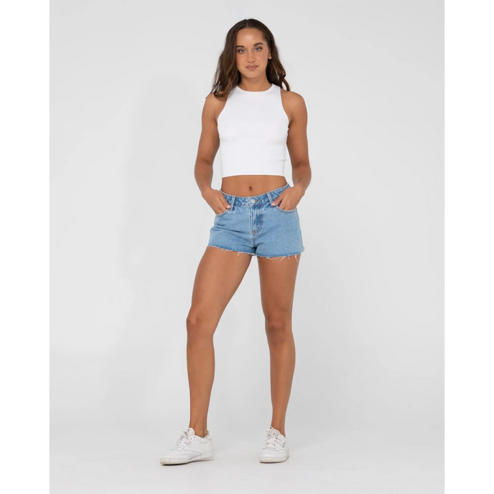 Rusty Malta Low Rise Frayed Denim Shorts 