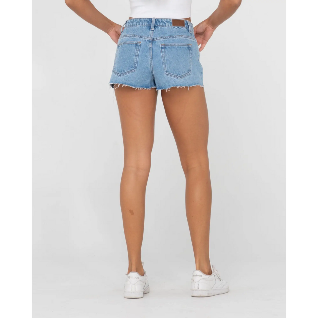 Rusty Malta Low Rise Frayed Denim Shorts 
